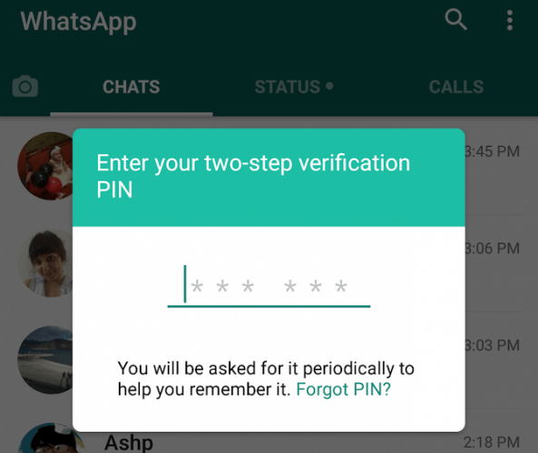 Tampilan WhatsApp meminta kode akses dari sistem two-step verification